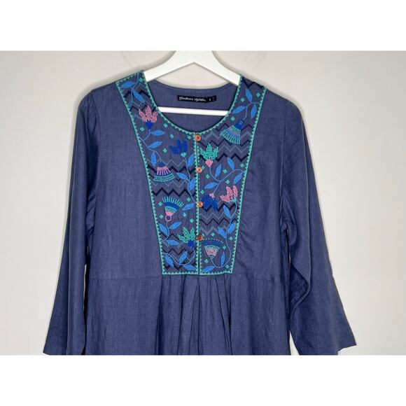 Gudrun Sjödén Linen Embroidered 3/4 Sleeve Midi Dress Navy Blue Women's Size S - Picture 3 of 9